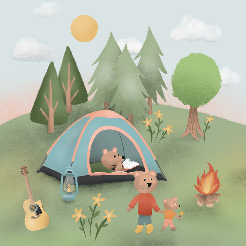 Three bears on a camping trip, with forest trees, a guitar and tent
