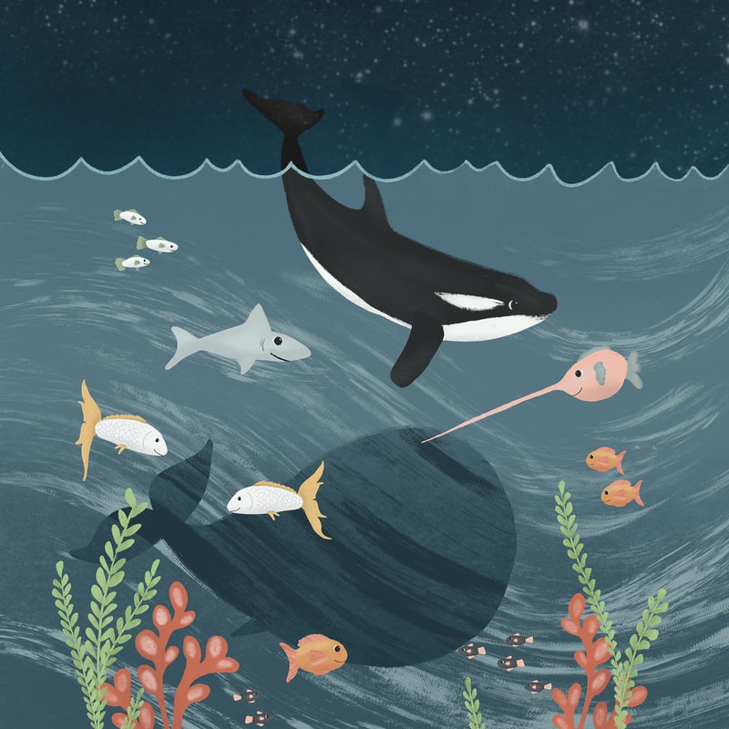 Cute ocean night illustration with fish and an orca