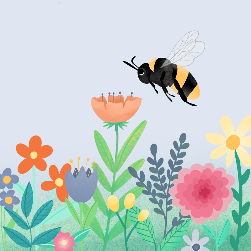 Yellow bee landing on a peach flower cartoon illustration