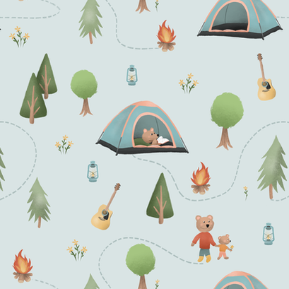 Blue Pattern with bears, tents, campfires, guitars and forest trees